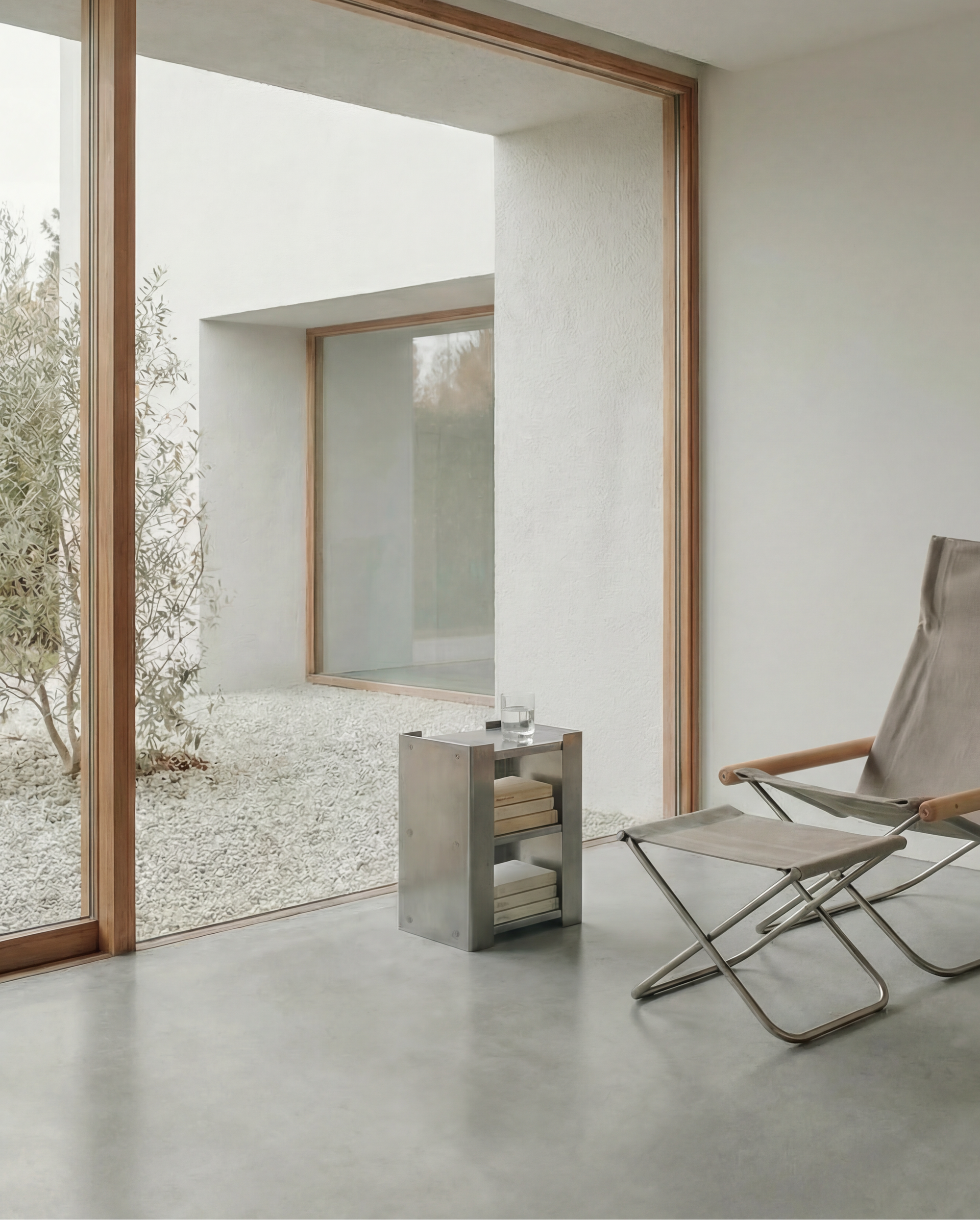 Modern chair in a minimalistic room with large windows