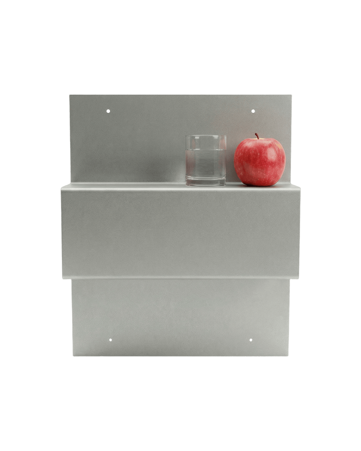 Gray wall-mounted shelves with a glass and an apple on a light gray background