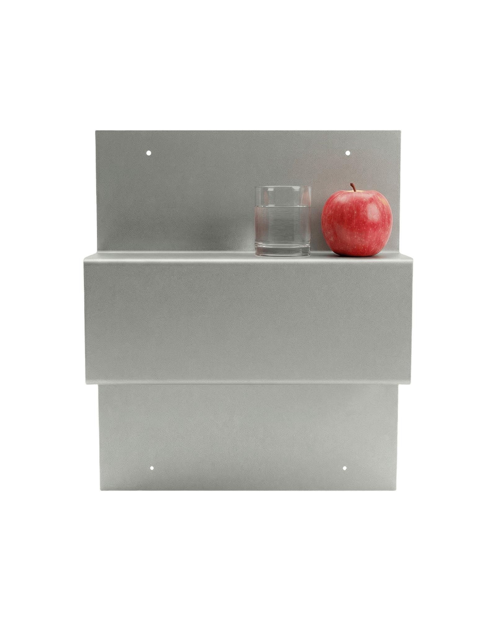 Gray wall-mounted shelves with a glass and an apple on a light gray background