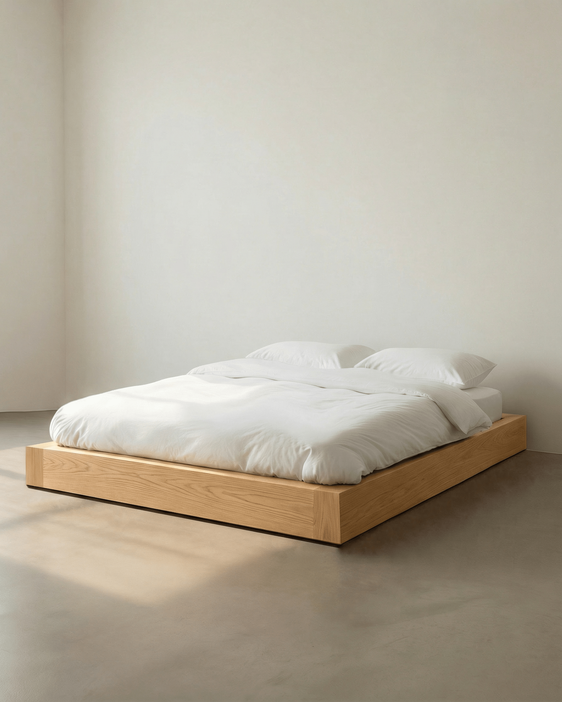 Wooden platform bed with white bedding against a plain wall