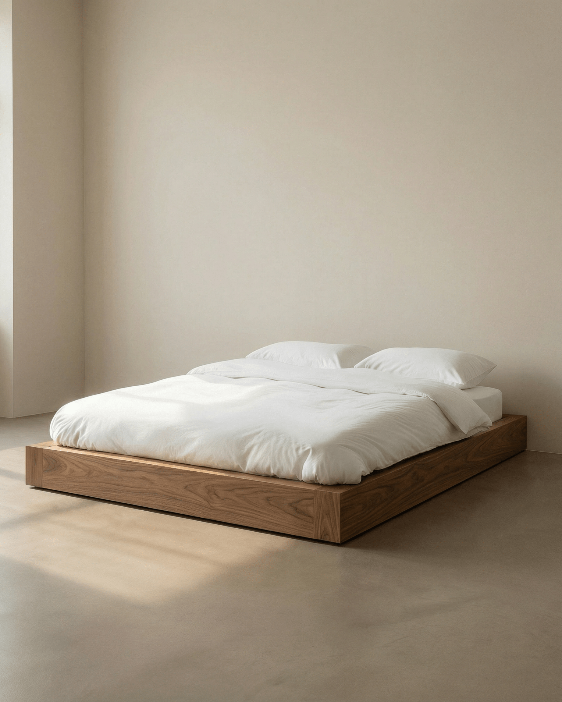 Wooden platform bed with white bedding in a minimalistic room.