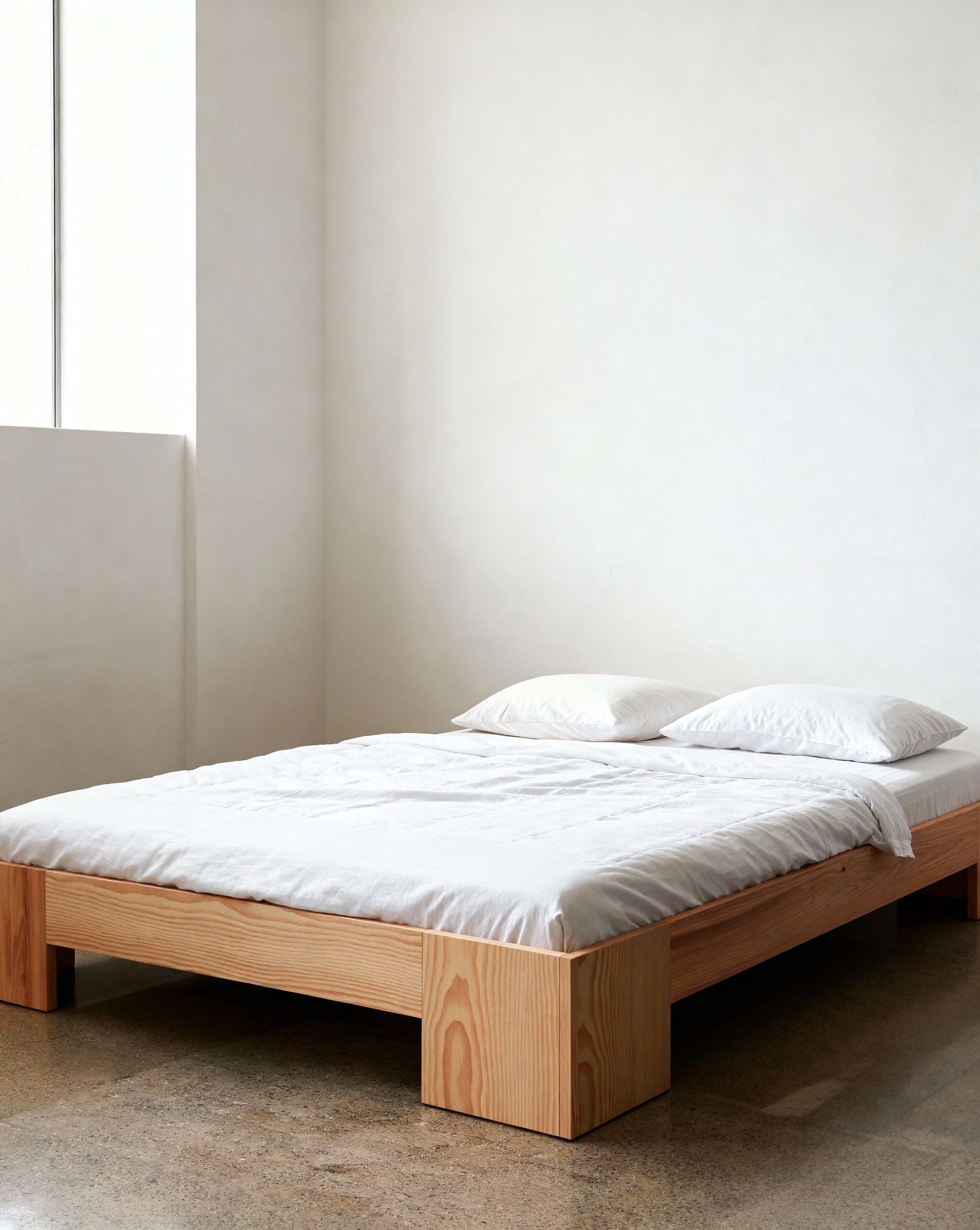 Wooden bed with white bedding in a minimalistic room