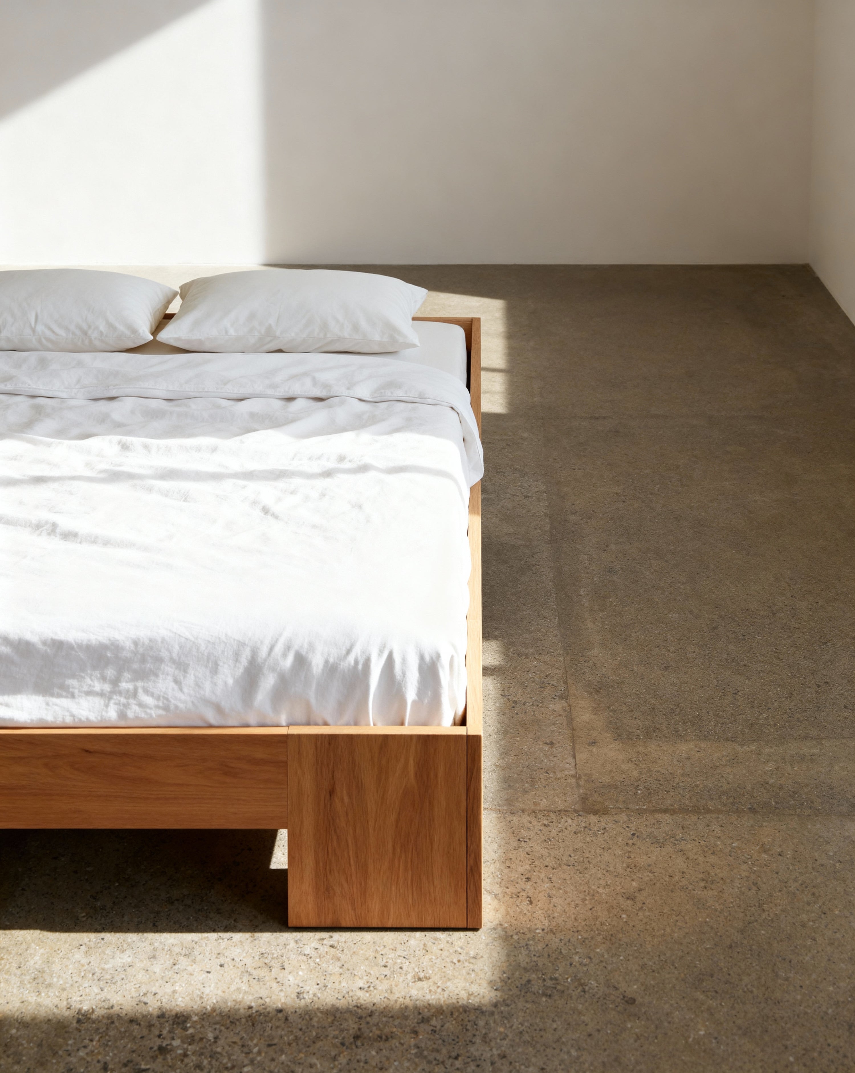 Wooden bed with white bedding in a minimalistic room.