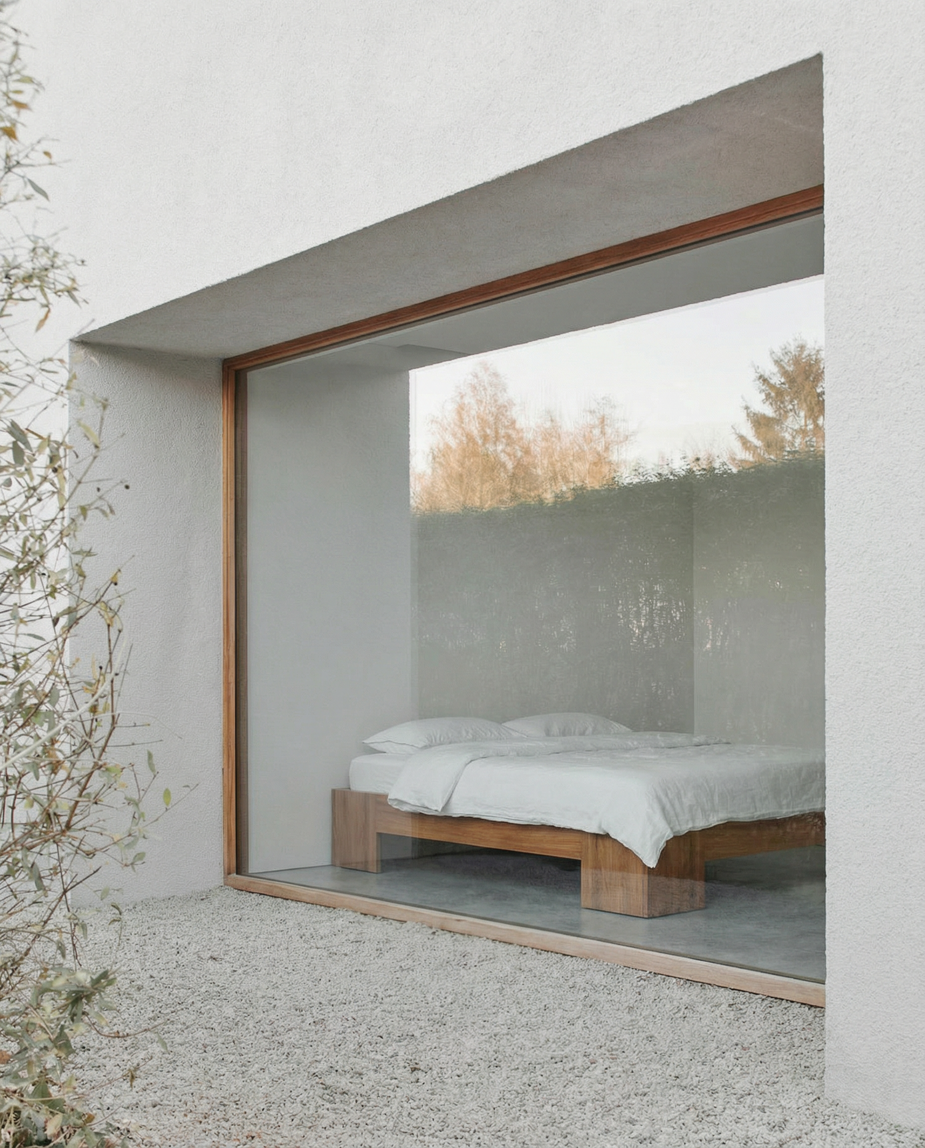 Modern bedroom with a bed inside a glass enclosure, surrounded by nature.