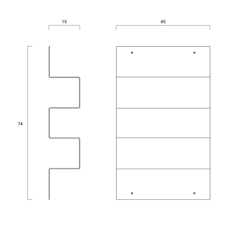 Technical drawing of a rectangular object with dimensions