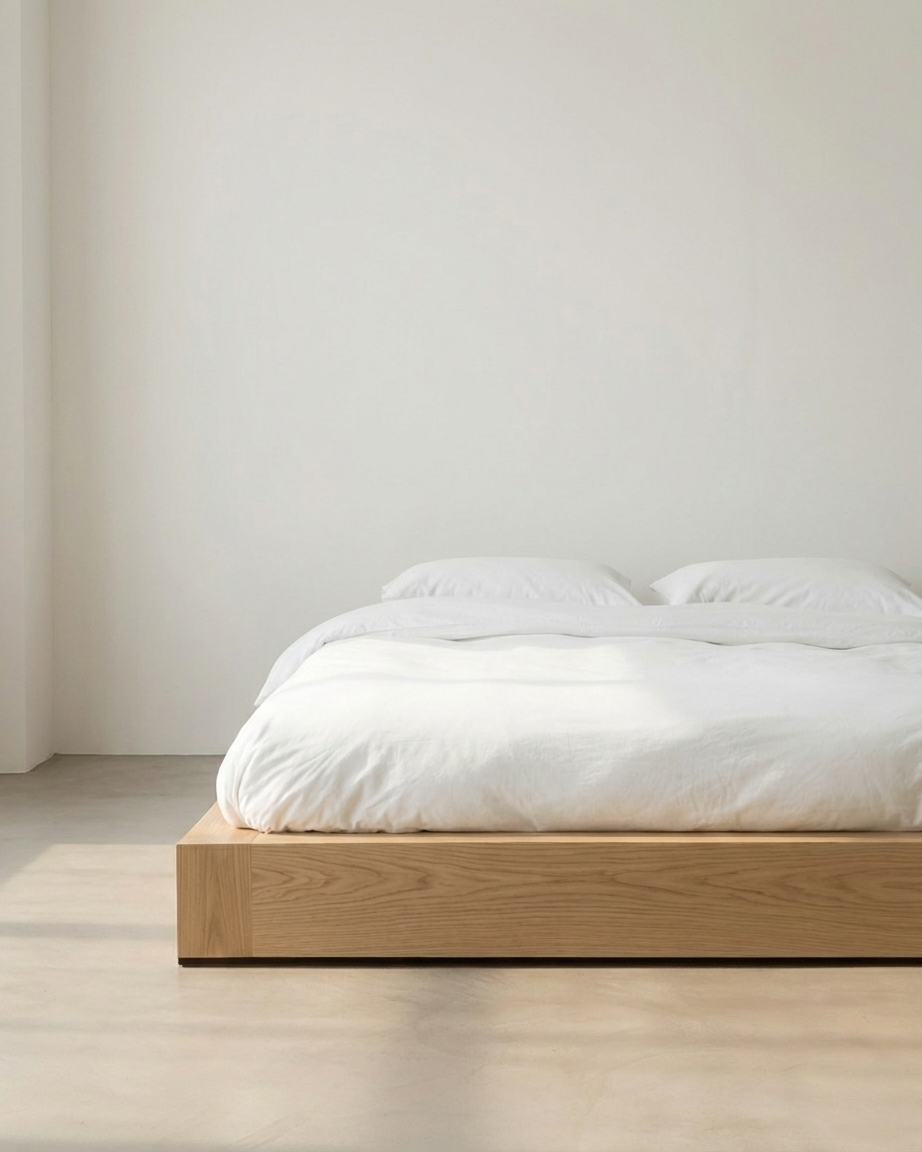 Surface Bed Frame in ash with bedding styled in a minimalist bedroom