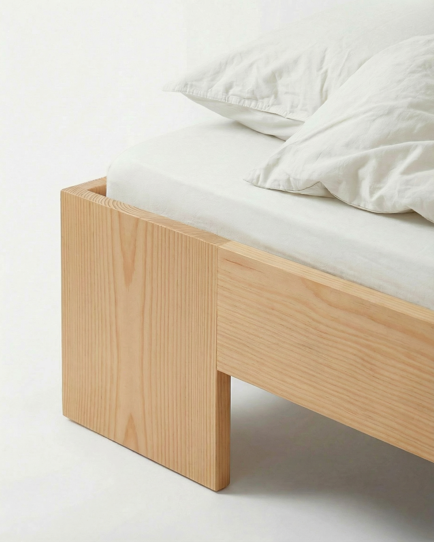 Tunnel Bed Frame in solid Douglas Fir, front view on white background