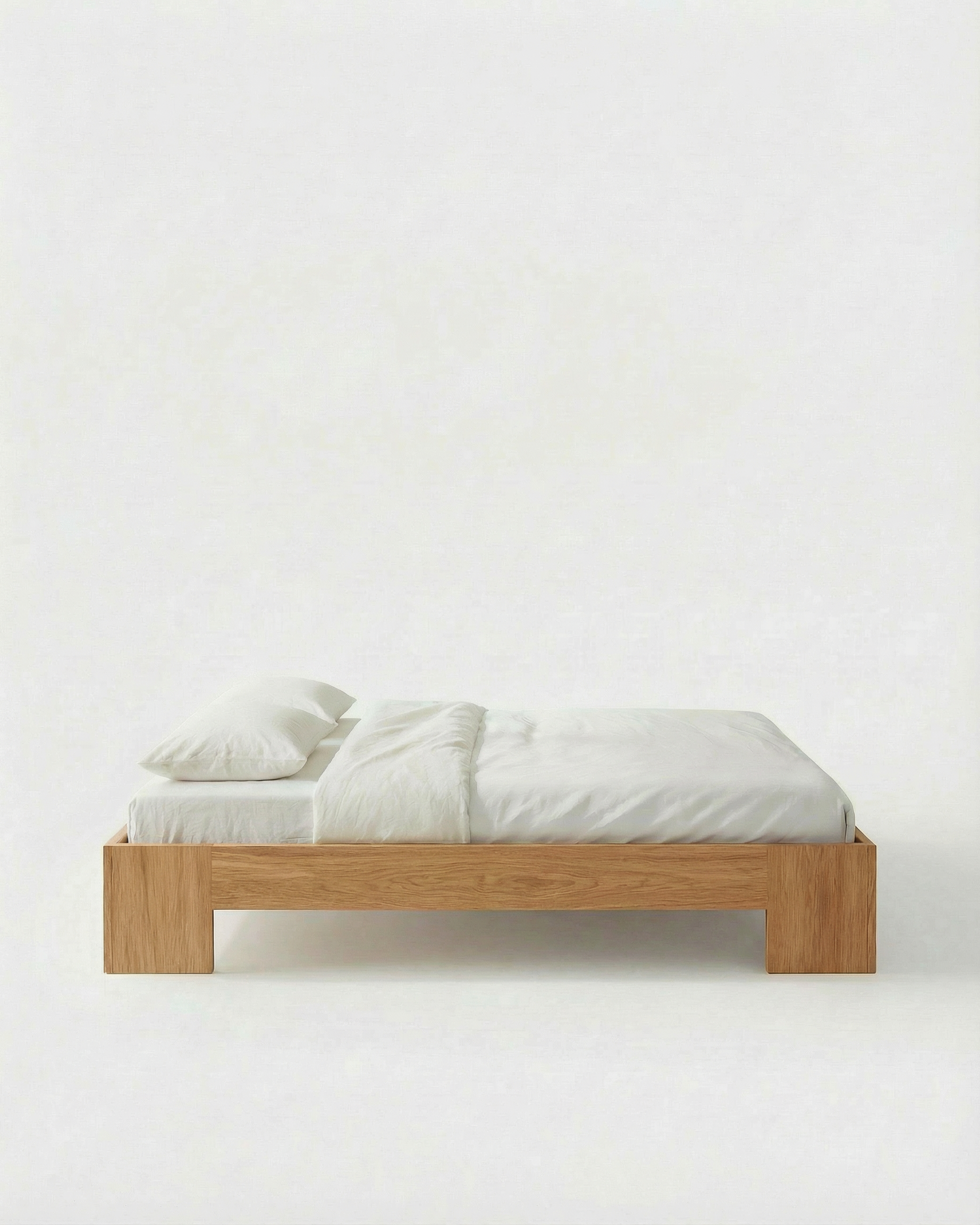 Tunnel Bed Frame in solid Oak wood, front view on white background