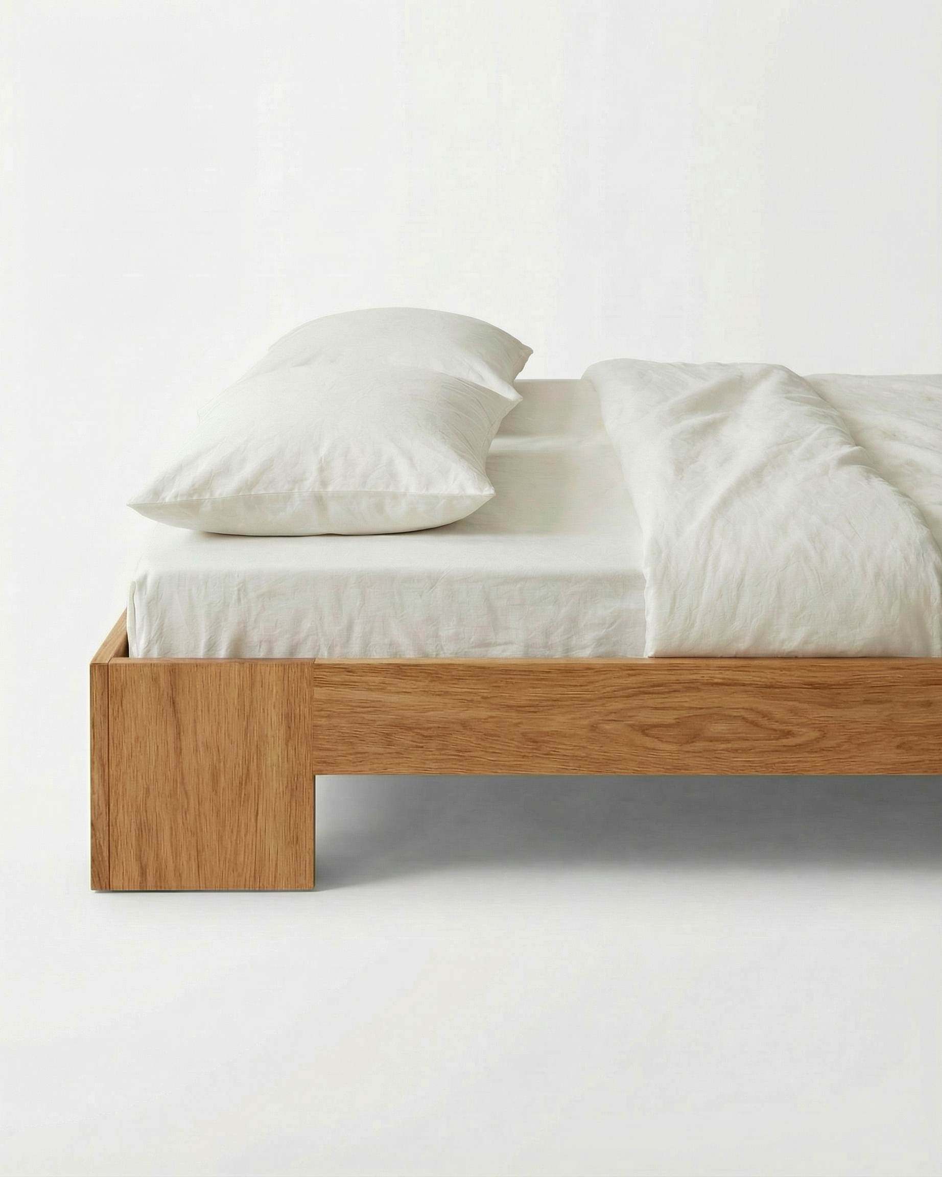 Tunnel Bed Frame in solid Oak wood, front view on white background