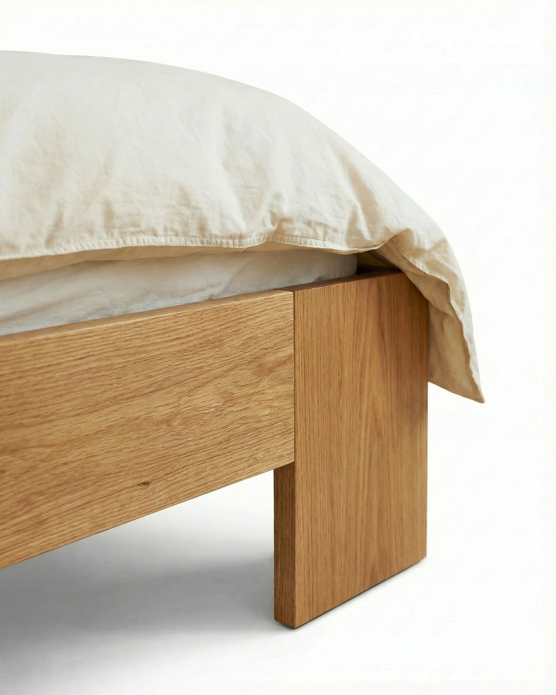 Tunnel Bed Frame in solid Oak wood, front view on white background